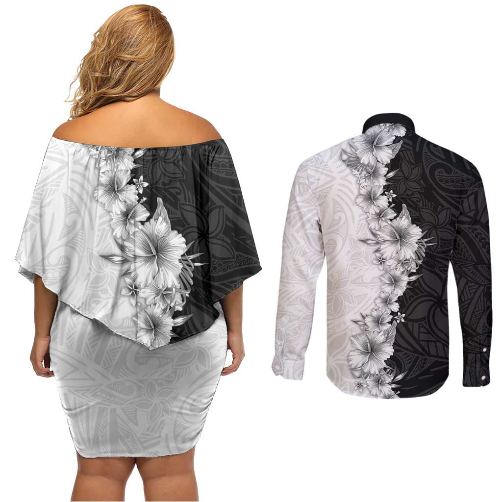 Hawaii Hibiscus Flowers Couples Matching Off Shoulder Short Dress and Long Sleeve Button Shirt Grayscale Polynesian Pattern