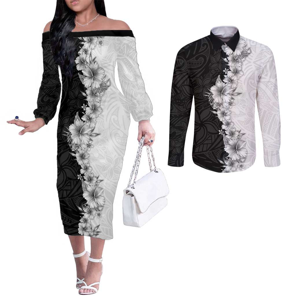 Hawaii Hibiscus Flowers Couples Matching Off The Shoulder Long Sleeve Dress and Long Sleeve Button Shirt Grayscale Polynesian Pattern LT05 Black - Polynesian Pride