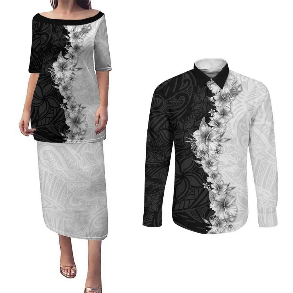 Hawaii Hibiscus Flowers Couples Matching Puletasi and Long Sleeve Button Shirt Grayscale Polynesian Pattern LT05 Black - Polynesian Pride