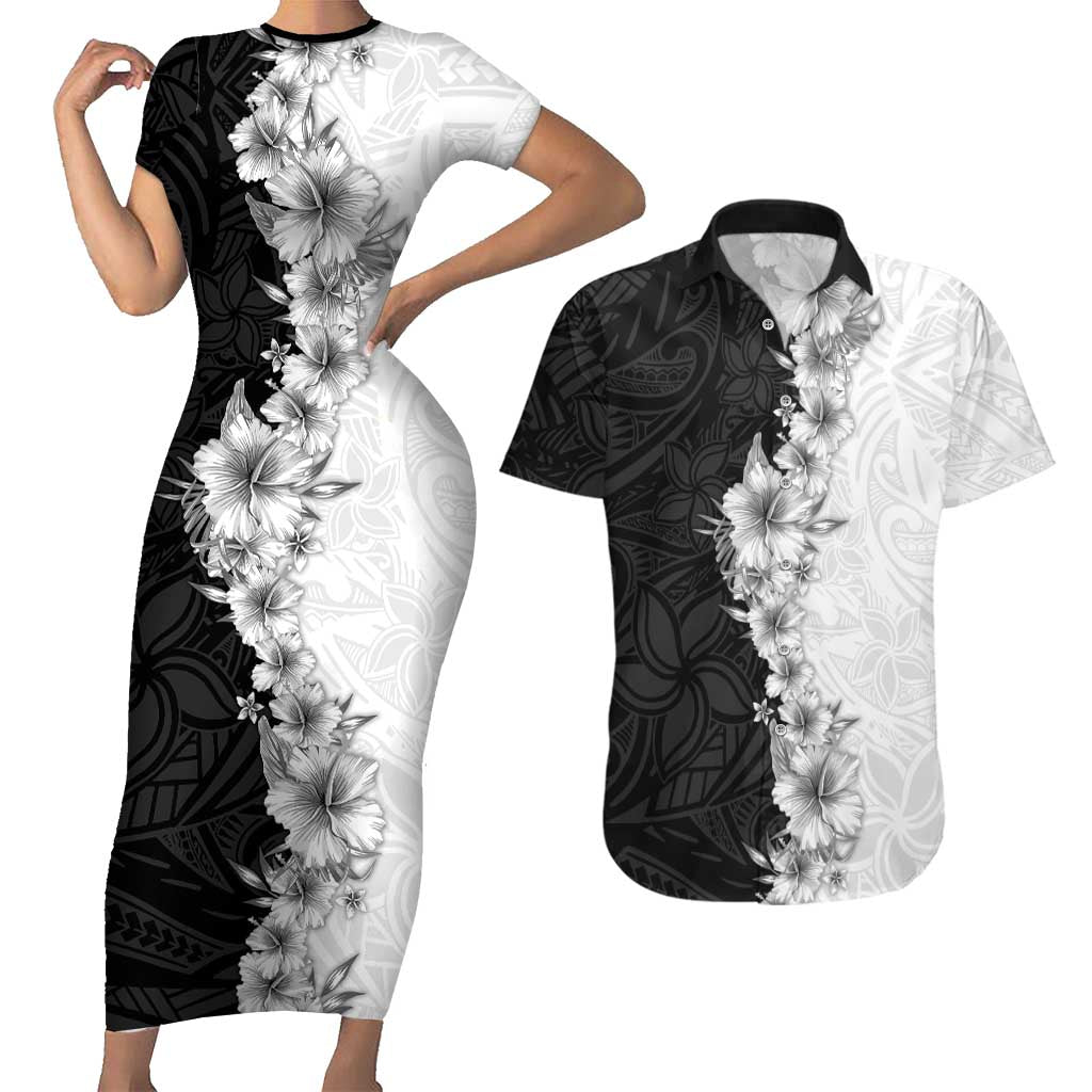 Hawaii Hibiscus Flowers Couples Matching Short Sleeve Bodycon Dress and Hawaiian Shirt Grayscale Polynesian Pattern