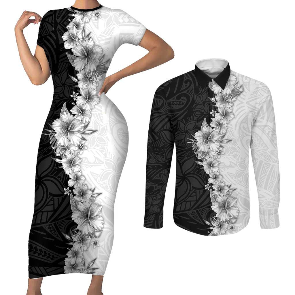 Hawaii Hibiscus Flowers Couples Matching Short Sleeve Bodycon Dress and Long Sleeve Button Shirt Grayscale Polynesian Pattern LT05 Black - Polynesian Pride
