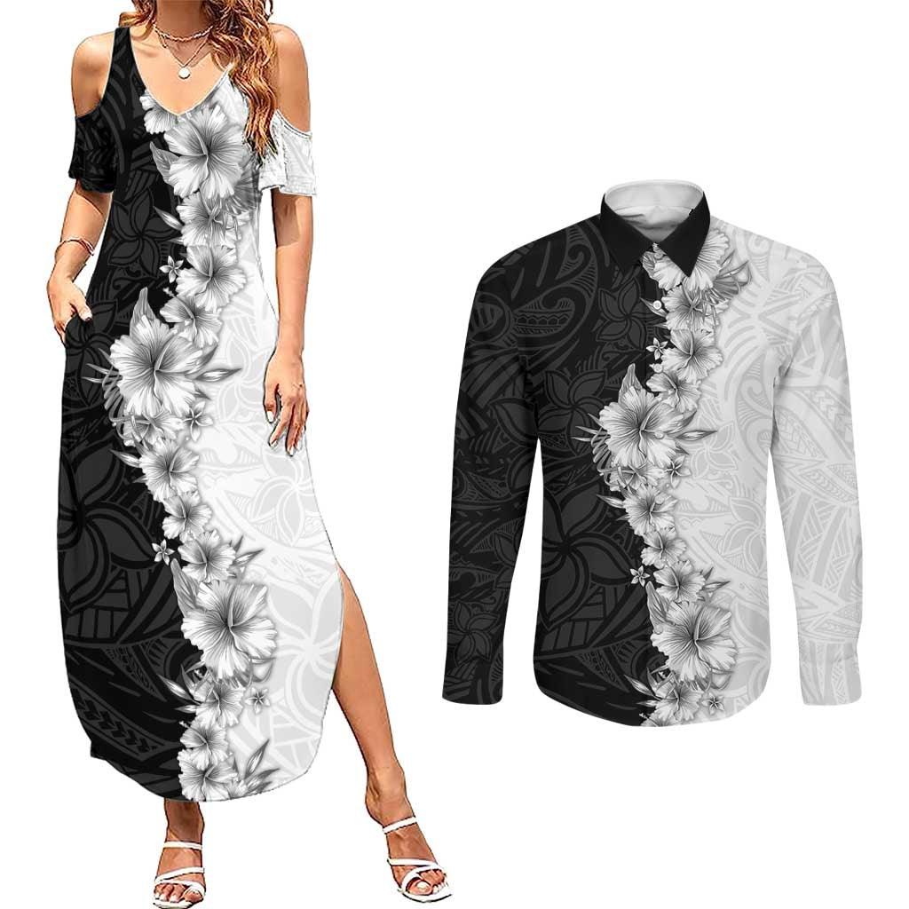 Hawaii Hibiscus Flowers Couples Matching Summer Maxi Dress and Long Sleeve Button Shirt Grayscale Polynesian Pattern LT05 Black - Polynesian Pride
