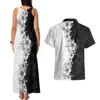 Hawaii Hibiscus Flowers Couples Matching Tank Maxi Dress and Hawaiian Shirt Grayscale Polynesian Pattern