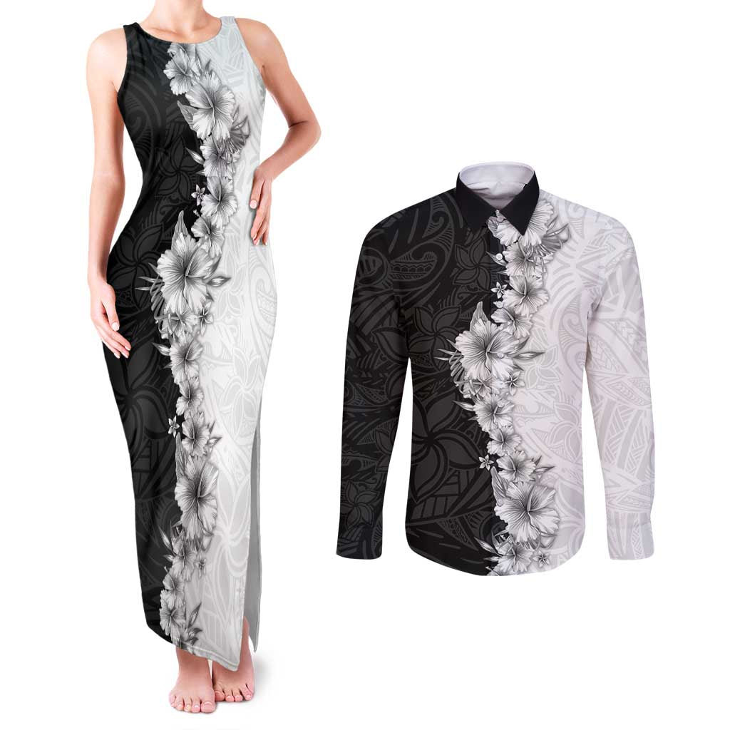 Hawaii Hibiscus Flowers Couples Matching Tank Maxi Dress and Long Sleeve Button Shirt Grayscale Polynesian Pattern LT05 Black - Polynesian Pride