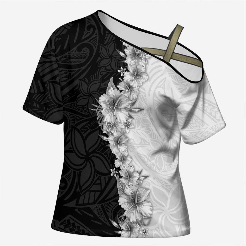 Hawaii Hibiscus Flowers Cross Shoulder Shirt Grayscale Polynesian Pattern