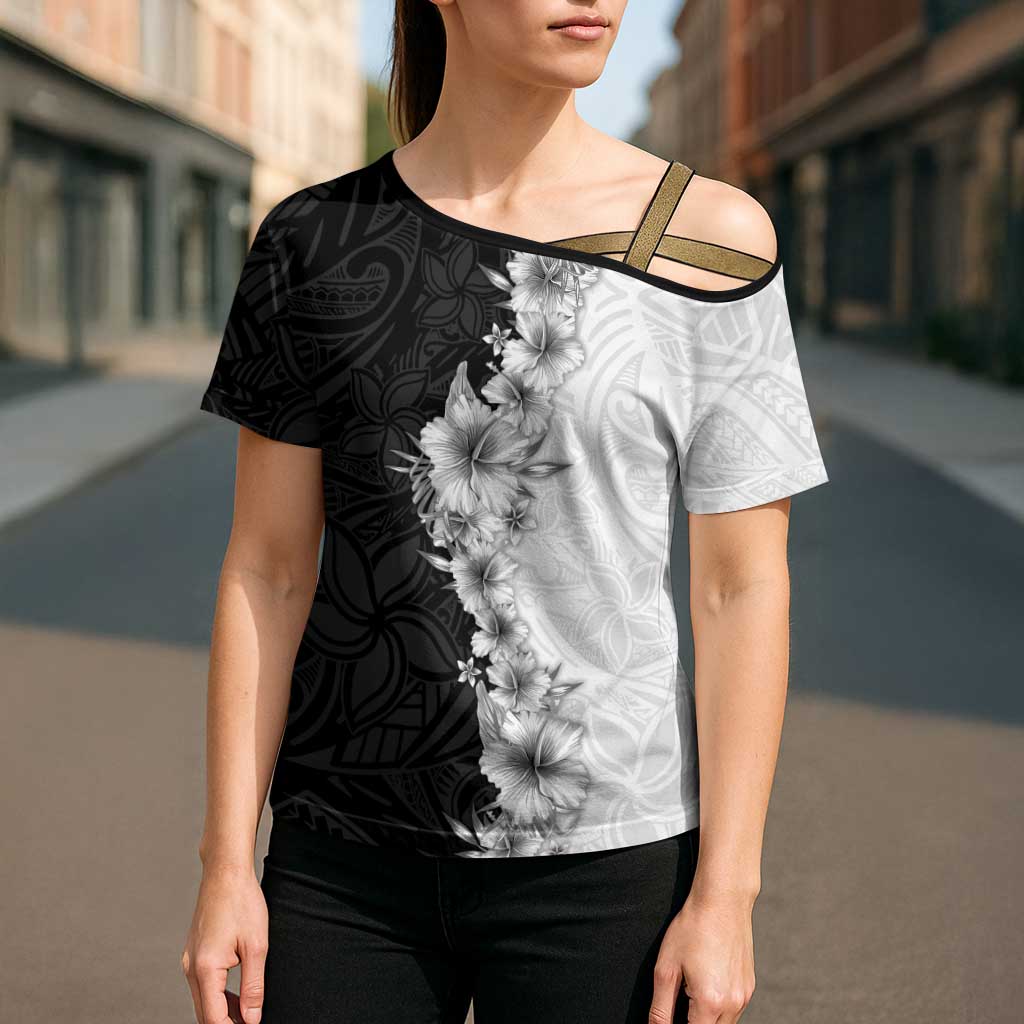 Hawaii Hibiscus Flowers Cross Shoulder Shirt Grayscale Polynesian Pattern