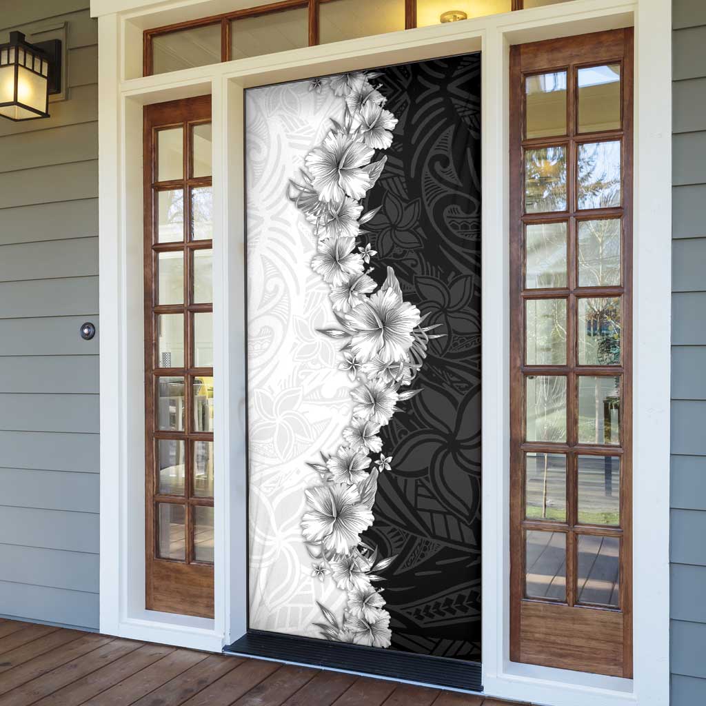 Hawaii Hibiscus Flowers Door Cover Grayscale Polynesian Pattern