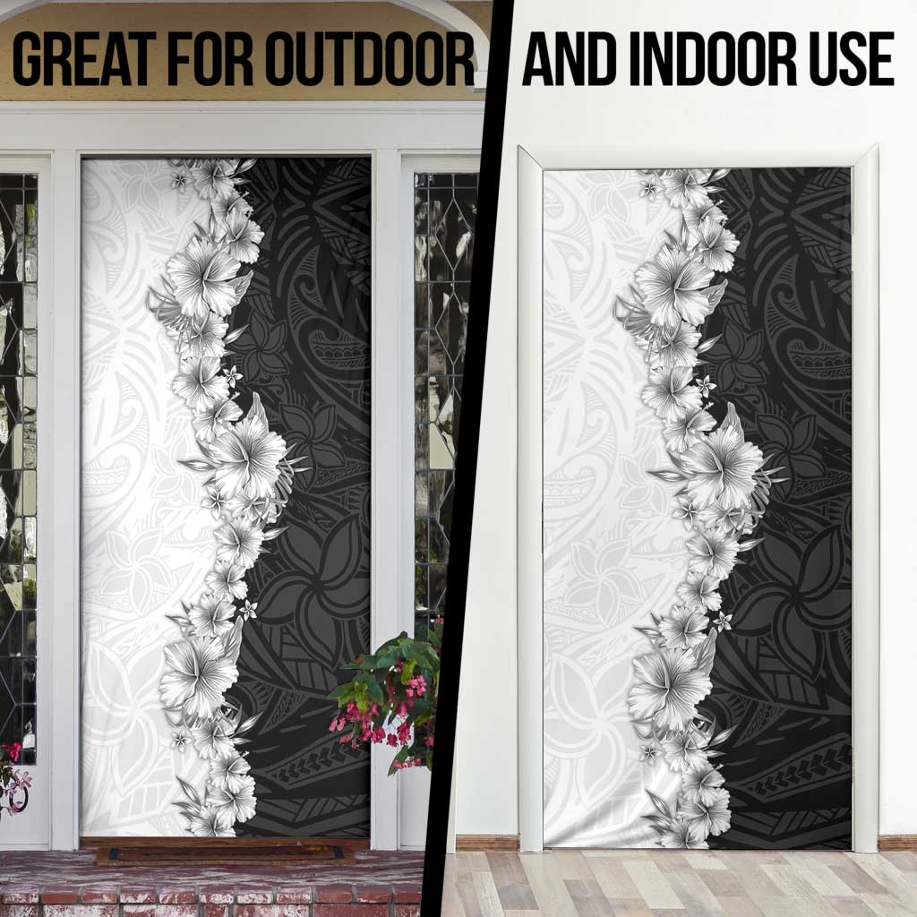 Hawaii Hibiscus Flowers Door Cover Grayscale Polynesian Pattern