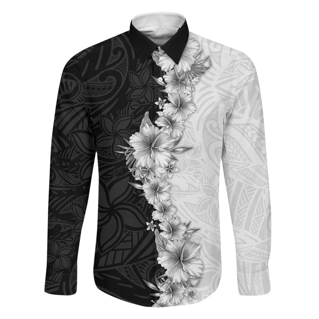 Hawaii Hibiscus Flowers Family Matching Long Sleeve Bodycon Dress and Hawaiian Shirt Grayscale Polynesian Pattern LT05 Dad's Shirt - Long Sleeve Black - Polynesian Pride
