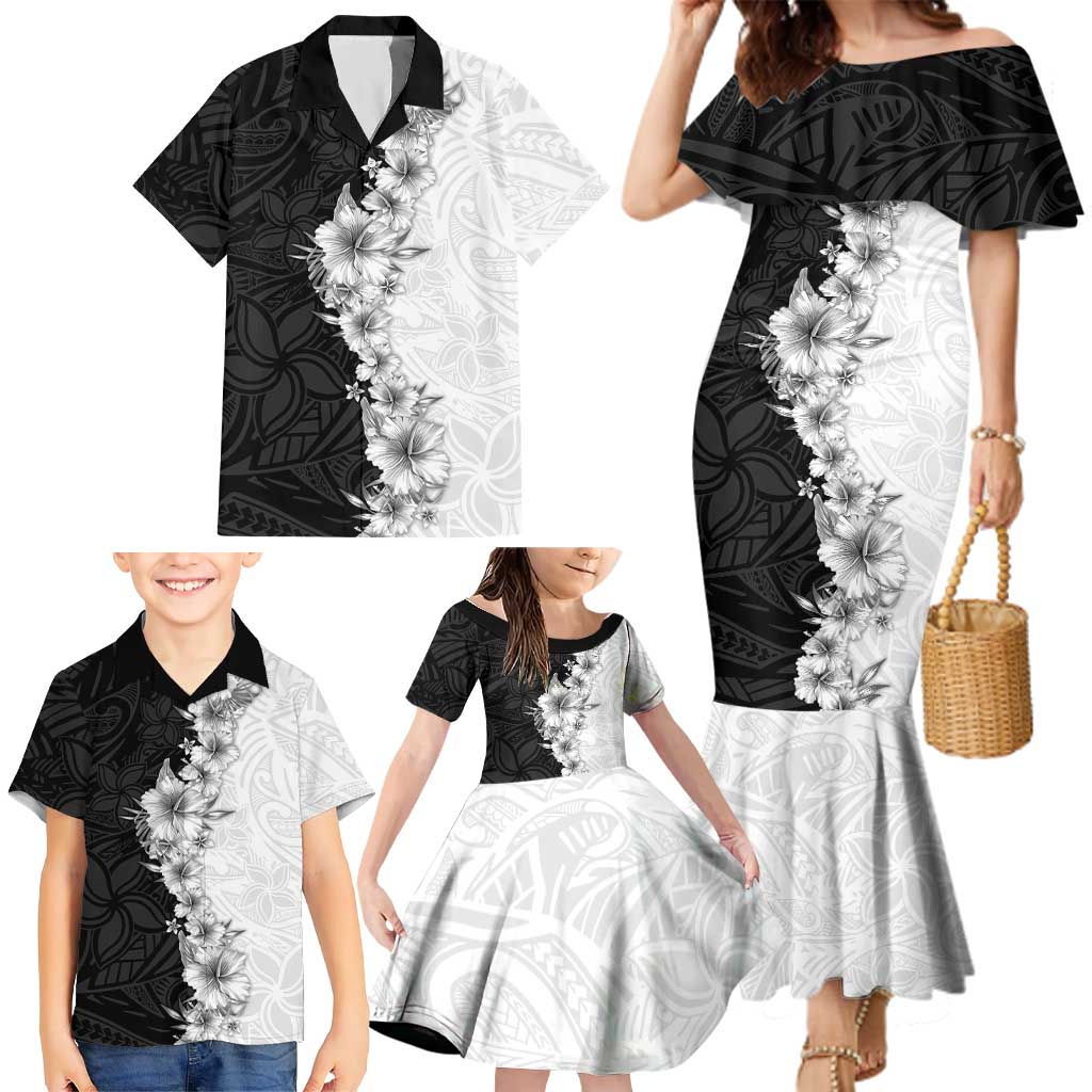 Hawaii Hibiscus Flowers Family Matching Mermaid Dress and Hawaiian Shirt Grayscale Polynesian Pattern