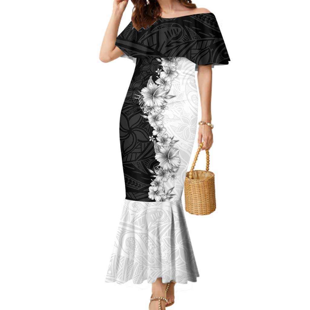 Hawaii Hibiscus Flowers Family Matching Mermaid Dress and Hawaiian Shirt Grayscale Polynesian Pattern LT05 Mom's Dress Black - Polynesian Pride