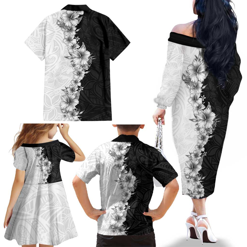 Hawaii Hibiscus Flowers Family Matching Off The Shoulder Long Sleeve Dress and Hawaiian Shirt Grayscale Polynesian Pattern LT05 - Polynesian Pride