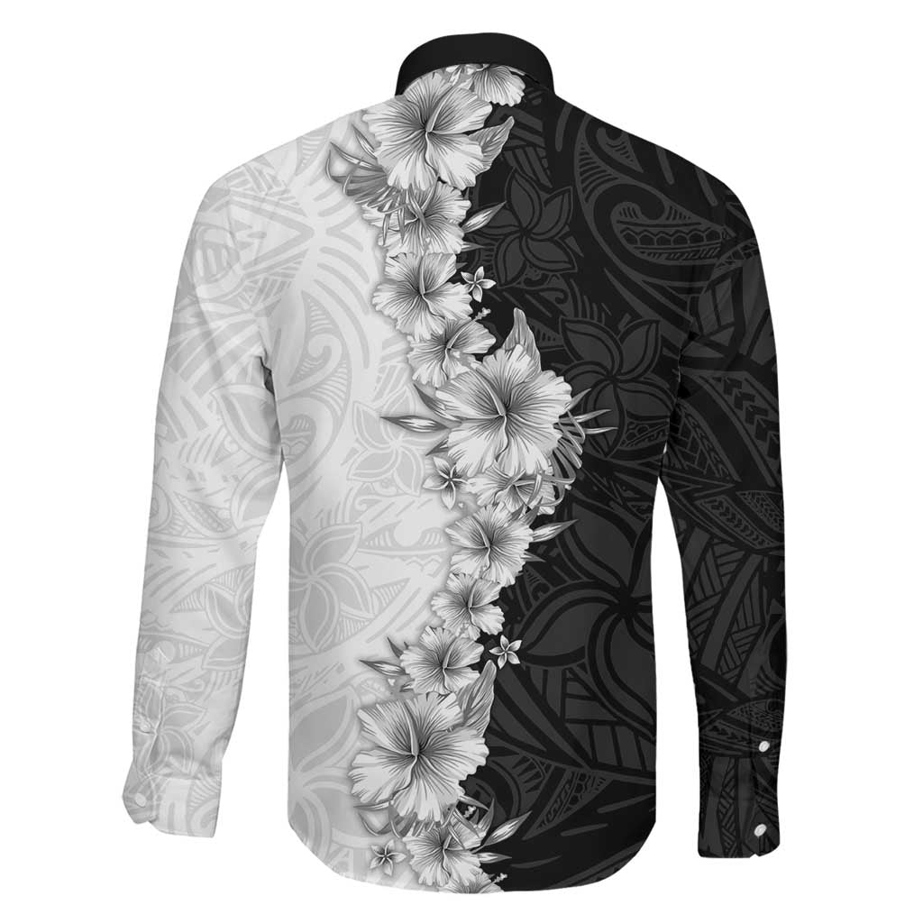 Hawaii Hibiscus Flowers Family Matching Off The Shoulder Long Sleeve Dress and Hawaiian Shirt Grayscale Polynesian Pattern LT05 - Polynesian Pride