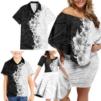 Hawaii Hibiscus Flowers Family Matching Off Shoulder Short Dress and Hawaiian Shirt Grayscale Polynesian Pattern LT05 - Polynesian Pride