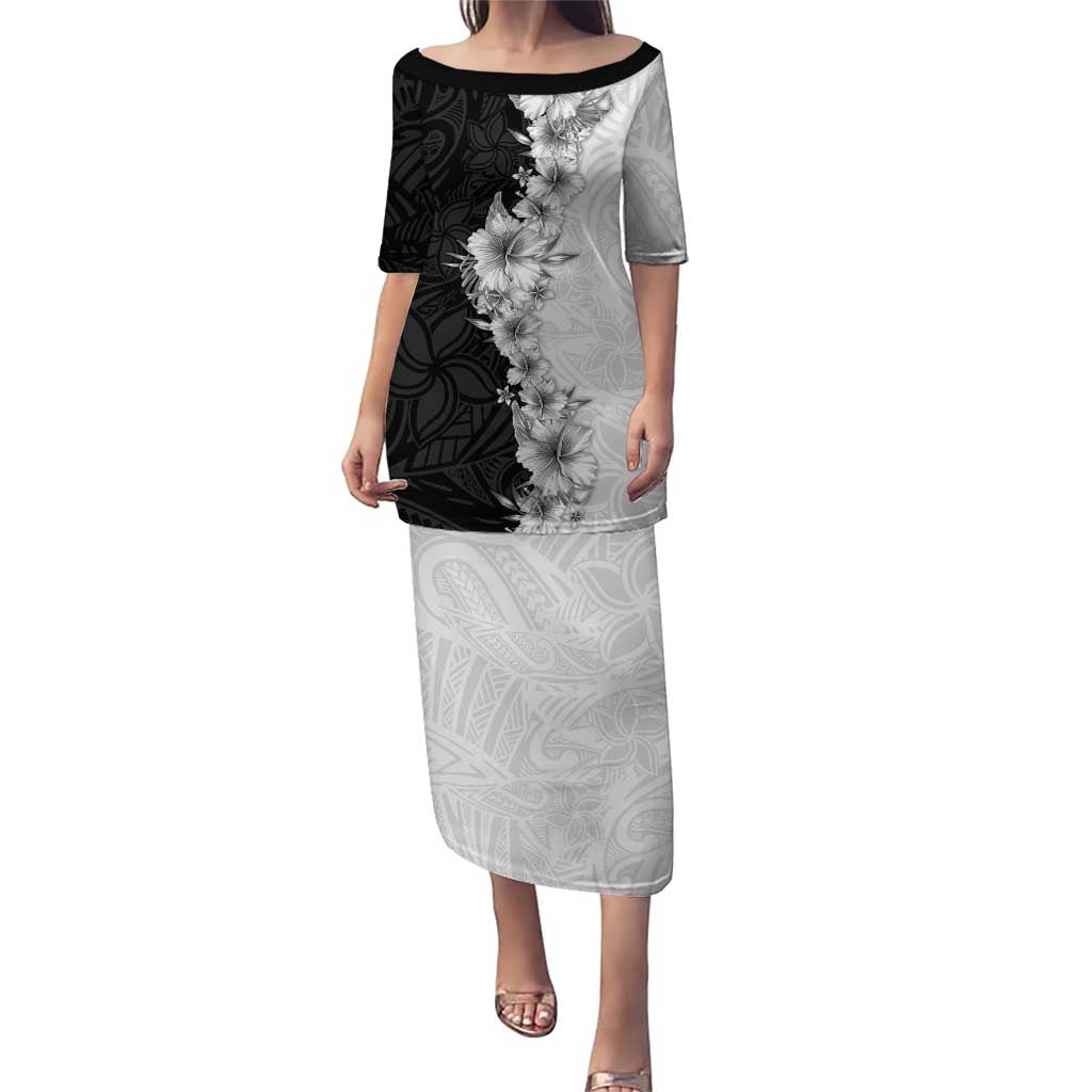 Hawaii Hibiscus Flowers Family Matching Puletasi and Hawaiian Shirt Grayscale Polynesian Pattern