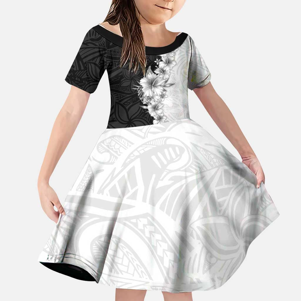 Hawaii Hibiscus Flowers Family Matching Short Sleeve Bodycon Dress and Hawaiian Shirt Grayscale Polynesian Pattern LT05 Daughter's Dress Black - Polynesian Pride