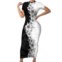 Hawaii Hibiscus Flowers Family Matching Short Sleeve Bodycon Dress and Hawaiian Shirt Grayscale Polynesian Pattern LT05 Mom's Dress Black - Polynesian Pride