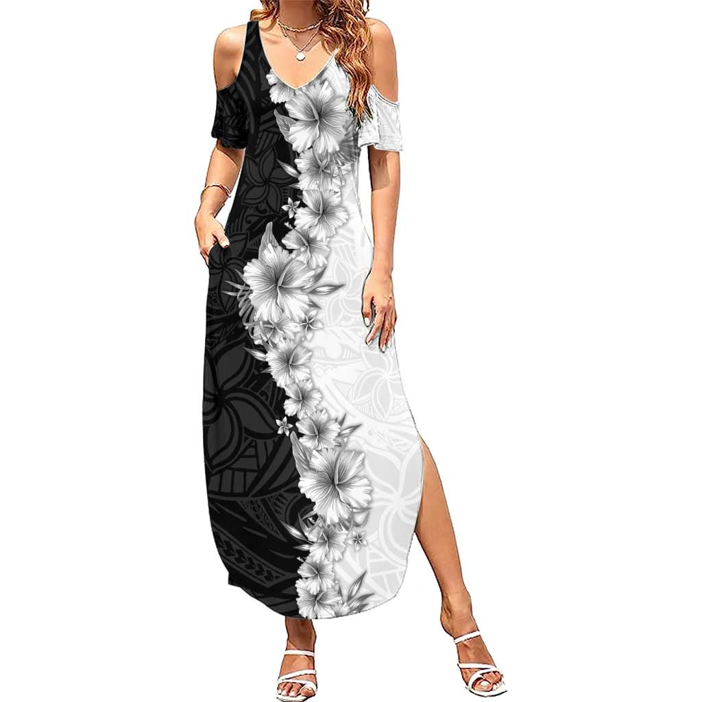 Hawaii Hibiscus Flowers Family Matching Summer Maxi Dress and Hawaiian Shirt Grayscale Polynesian Pattern LT05 Mom's Dress Black - Polynesian Pride