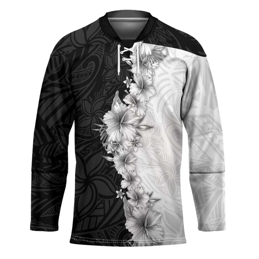 Hawaii Hibiscus Flowers Hockey Jersey Grayscale Polynesian Pattern