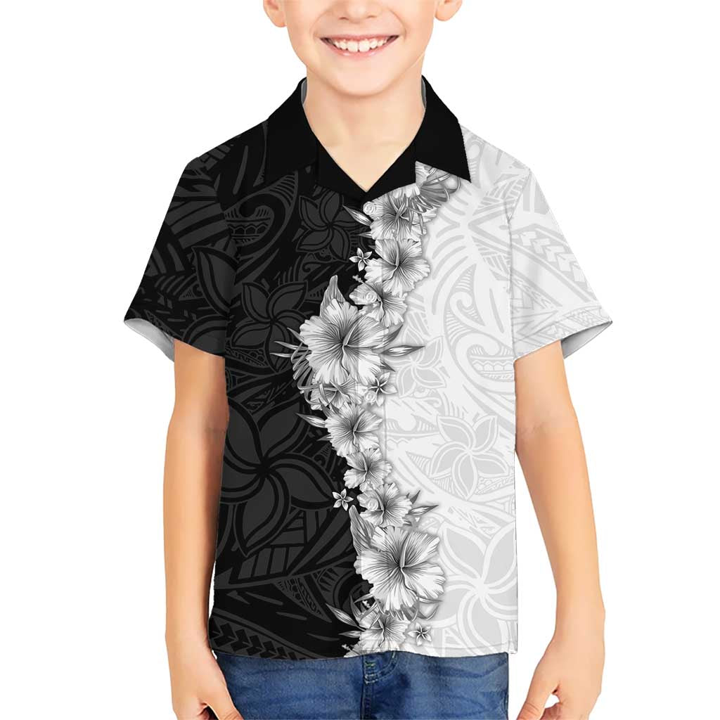 Hawaii Hibiscus Flowers Kid Hawaiian Shirt Grayscale Polynesian Pattern LT05 Kid Black - Polynesian Pride