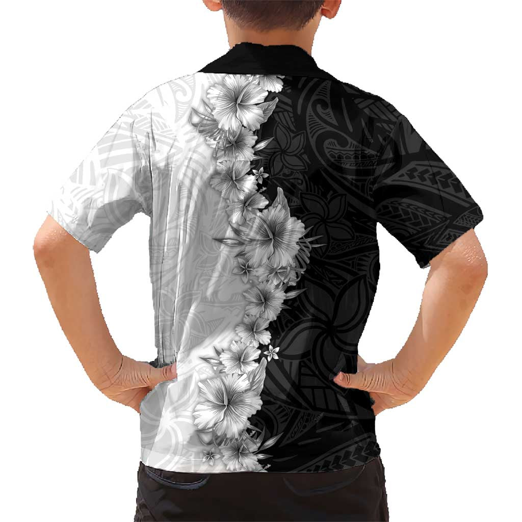 Hawaii Hibiscus Flowers Kid Hawaiian Shirt Grayscale Polynesian Pattern