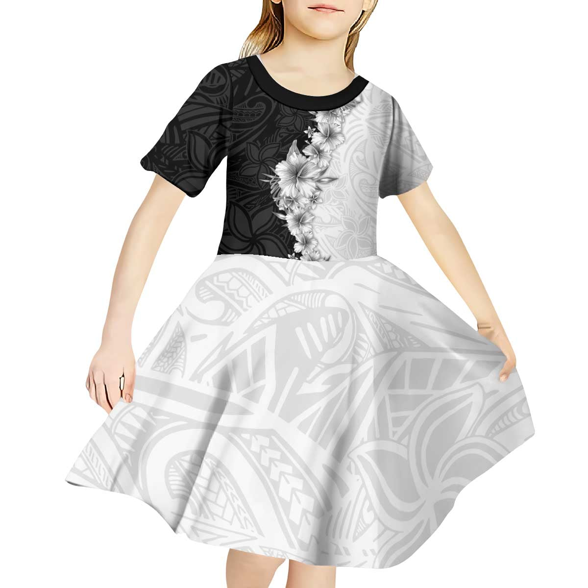 Hawaii Hibiscus Flowers Kid Short Sleeve Dress Grayscale Polynesian Pattern