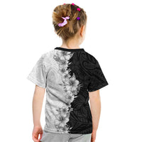 Hawaii Hibiscus Flowers Kid T Shirt Grayscale Polynesian Pattern