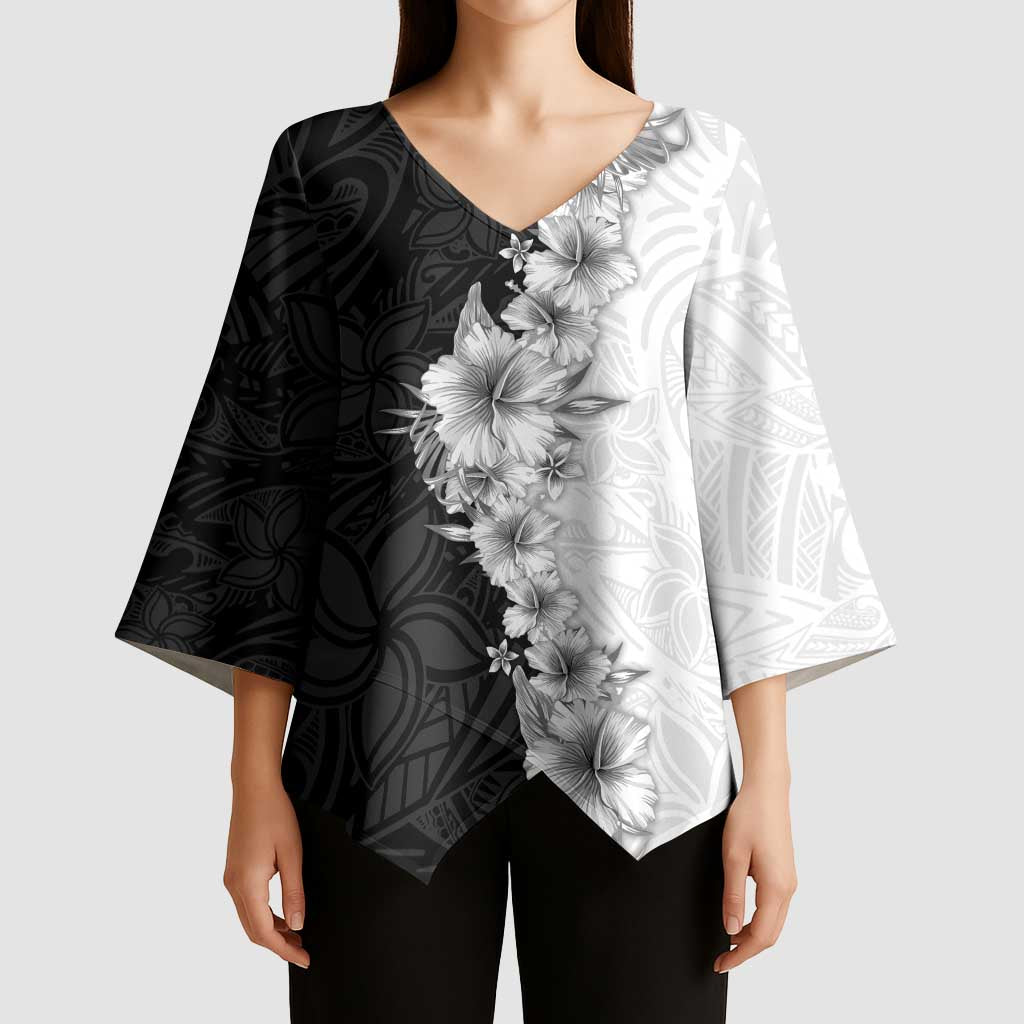 Hawaii Hibiscus Flowers Kimono Sleeve Blouse Grayscale Polynesian Pattern