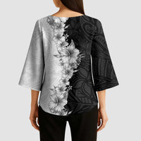 Hawaii Hibiscus Flowers Kimono Sleeve Blouse Grayscale Polynesian Pattern