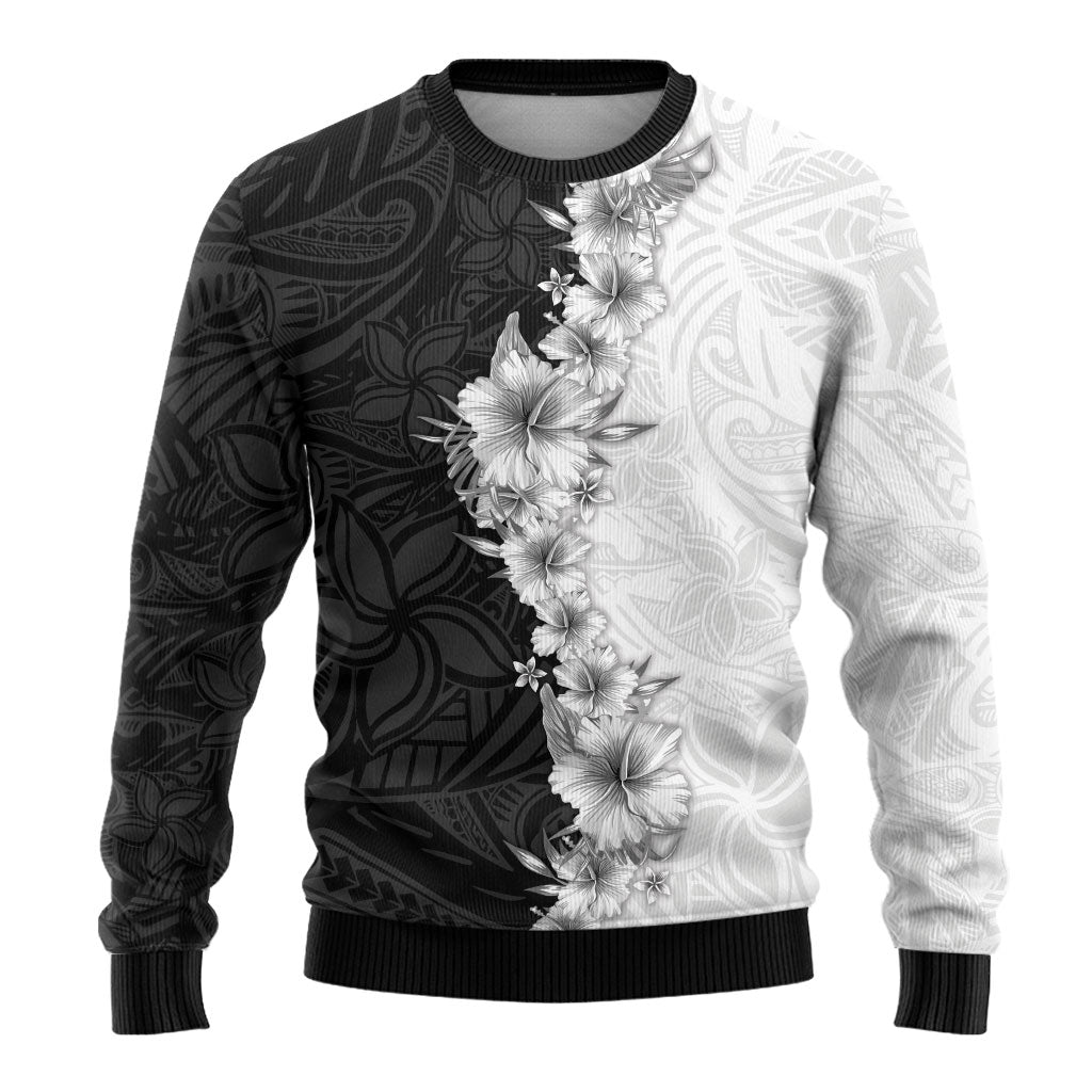 Hawaii Hibiscus Flowers Ugly Christmas Sweater Grayscale Polynesian Pattern