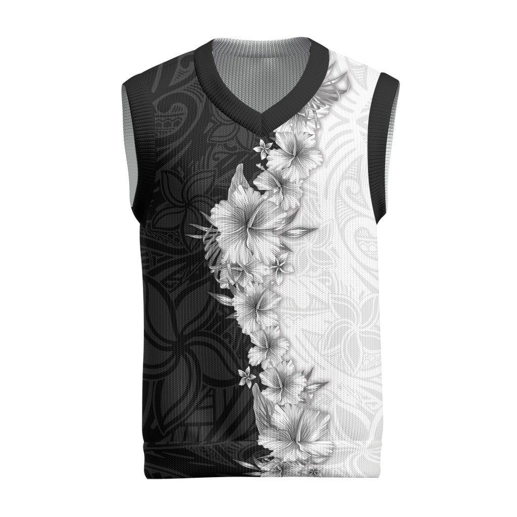 Hawaii Hibiscus Flowers Christmas Knitted V-Neck Vest Grayscale Polynesian Pattern