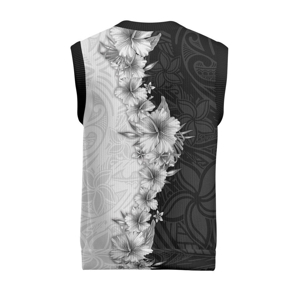 Hawaii Hibiscus Flowers Christmas Knitted V-Neck Vest Grayscale Polynesian Pattern