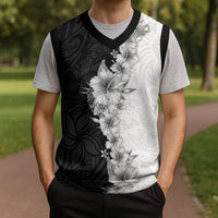 Hawaii Hibiscus Flowers Christmas Knitted V-Neck Vest Grayscale Polynesian Pattern