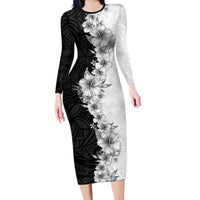 Hawaii Hibiscus Flowers Long Sleeve Bodycon Dress Grayscale Polynesian Pattern LT05 Long Dress Black - Polynesian Pride
