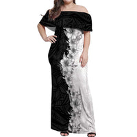 Hawaii Hibiscus Flowers Off Shoulder Maxi Dress Grayscale Polynesian Pattern LT05 Women Black - Polynesian Pride