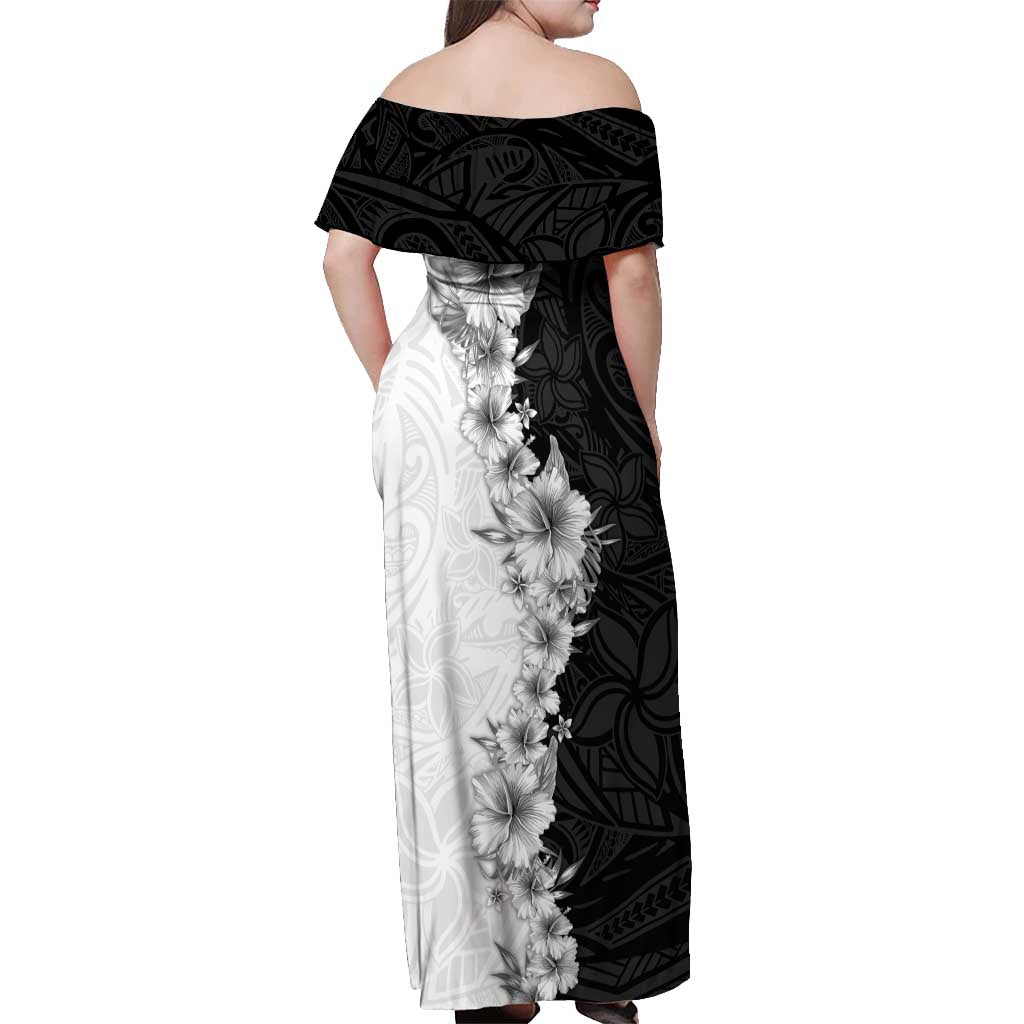 Hawaii Hibiscus Flowers Off Shoulder Maxi Dress Grayscale Polynesian Pattern LT05 - Polynesian Pride