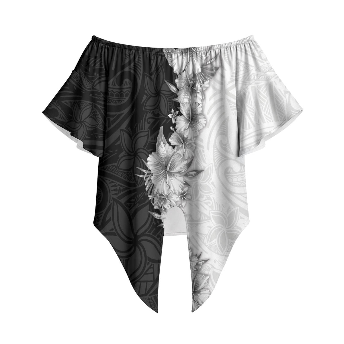 Hawaii Hibiscus Flowers Off Shoulder Wrap Waist Top Grayscale Polynesian Pattern LT05 Black - Polynesian Pride