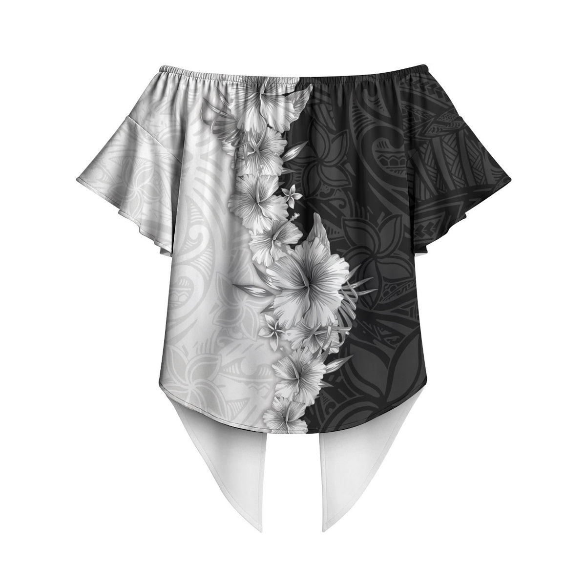 Hawaii Hibiscus Flowers Off Shoulder Wrap Waist Top Grayscale Polynesian Pattern LT05 - Polynesian Pride