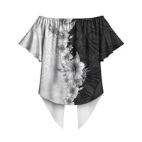 Hawaii Hibiscus Flowers Off Shoulder Wrap Waist Top Grayscale Polynesian Pattern LT05 - Polynesian Pride