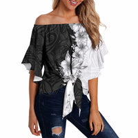 Hawaii Hibiscus Flowers Off Shoulder Wrap Waist Top Grayscale Polynesian Pattern LT05 - Polynesian Pride