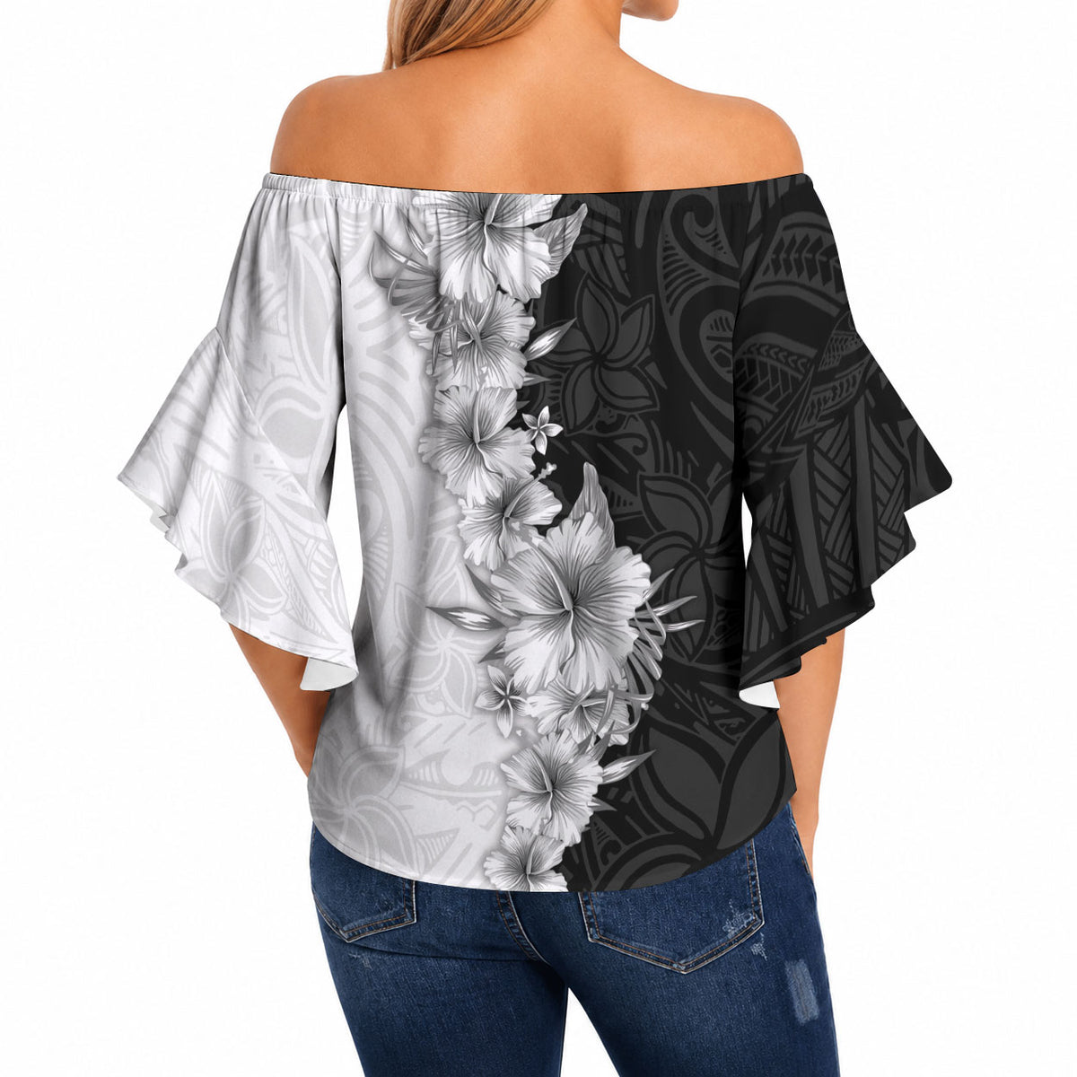 Hawaii Hibiscus Flowers Off Shoulder Wrap Waist Top Grayscale Polynesian Pattern LT05 - Polynesian Pride