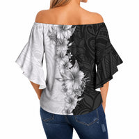 Hawaii Hibiscus Flowers Off Shoulder Wrap Waist Top Grayscale Polynesian Pattern LT05 - Polynesian Pride