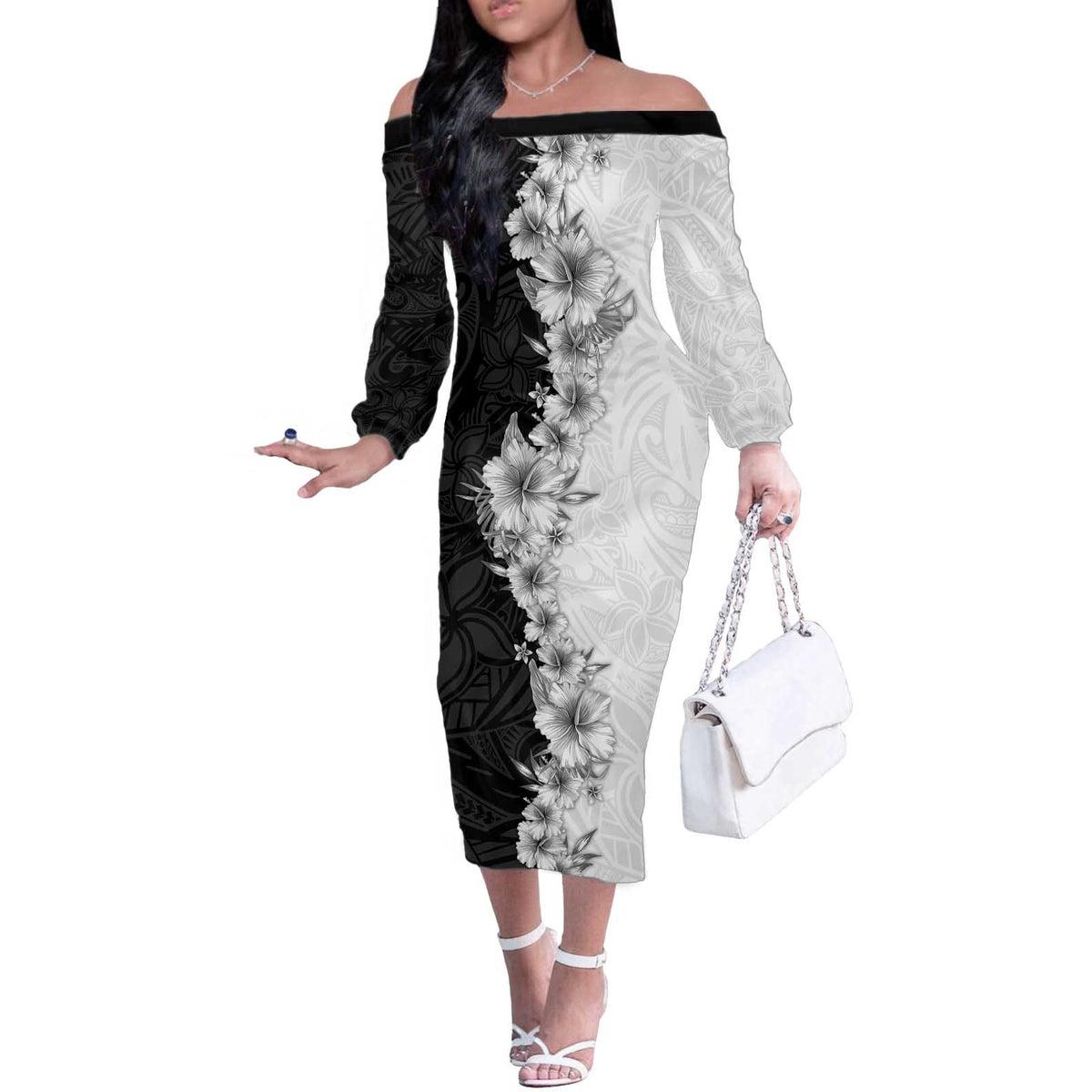 Hawaii Hibiscus Flowers Off The Shoulder Long Sleeve Dress Grayscale Polynesian Pattern LT05 Women Black - Polynesian Pride