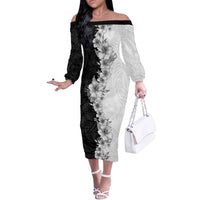 Hawaii Hibiscus Flowers Off The Shoulder Long Sleeve Dress Grayscale Polynesian Pattern LT05 Women Black - Polynesian Pride