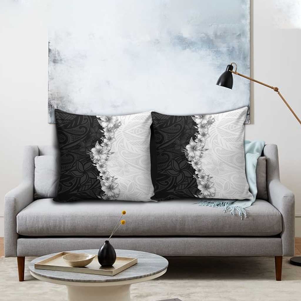 Hawaii Hibiscus Flowers Pillow Cover Grayscale Polynesian Pattern