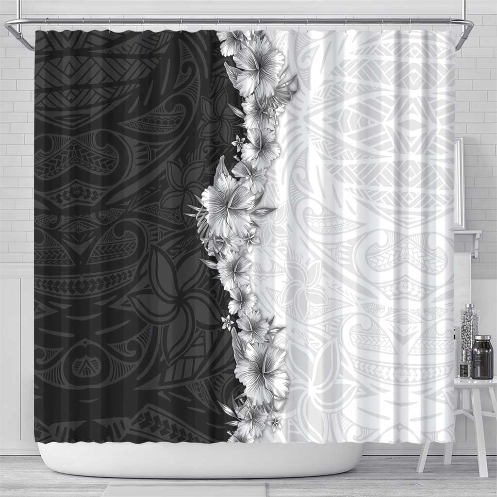 Hawaii Hibiscus Flowers Shower Curtain Grayscale Polynesian Pattern