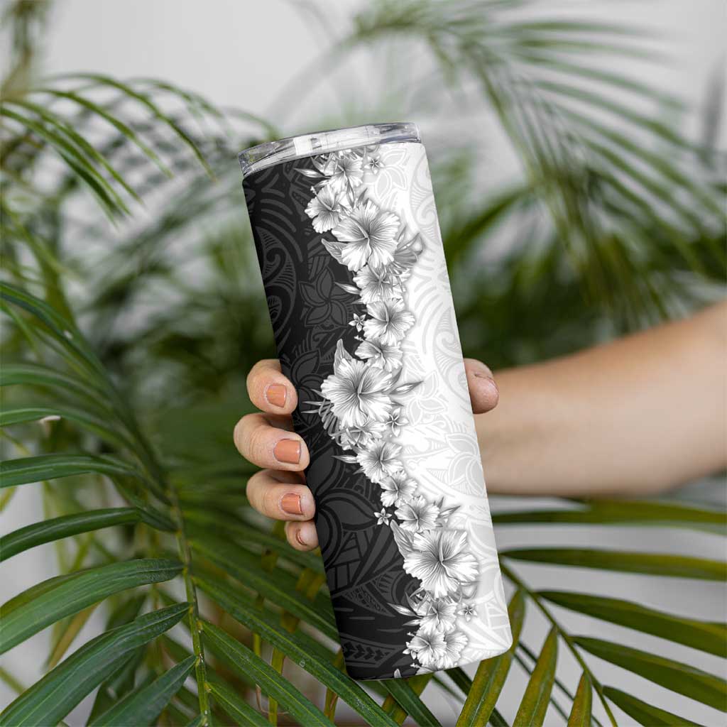 Hawaii Hibiscus Flowers Skinny Tumbler Grayscale Polynesian Pattern