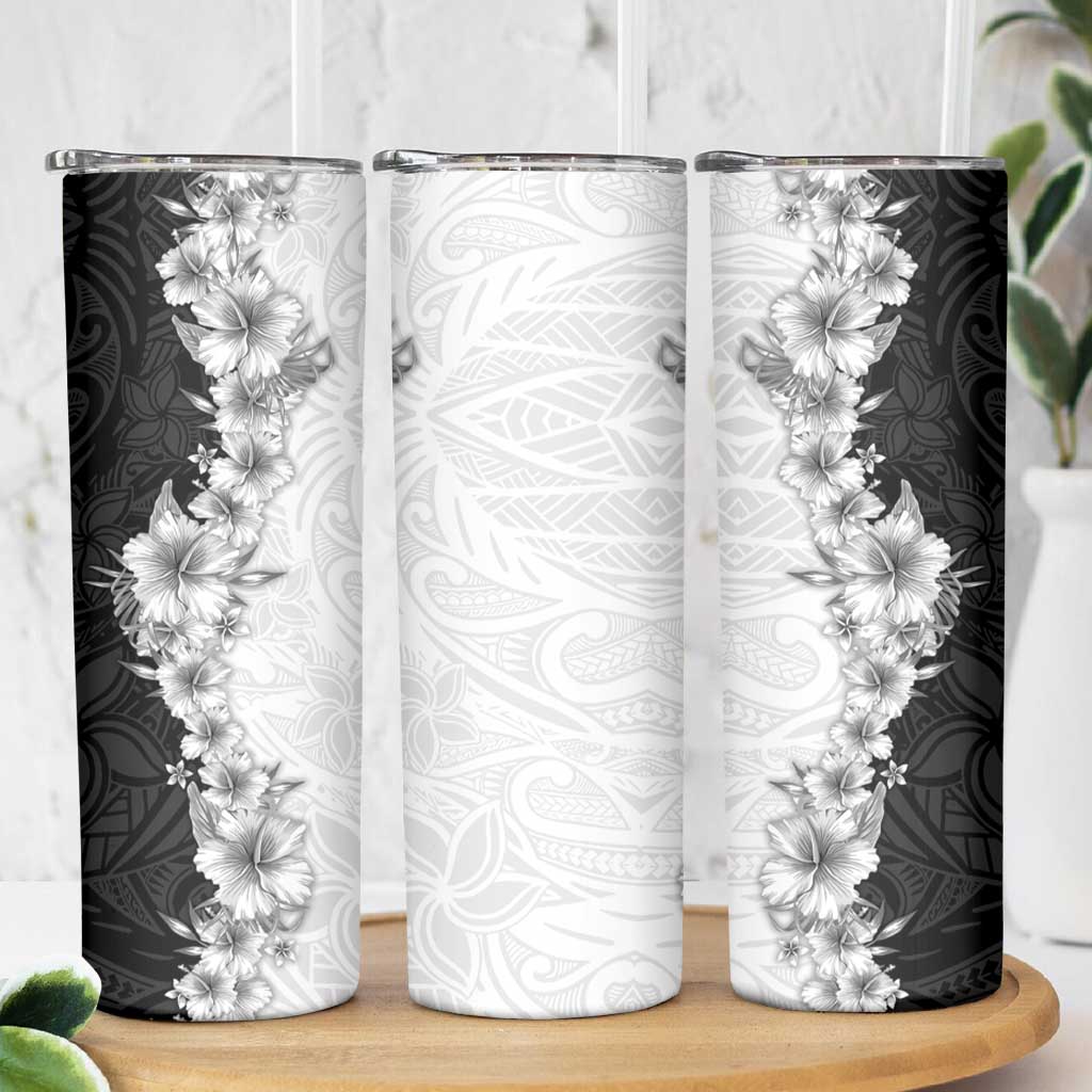 Hawaii Hibiscus Flowers Skinny Tumbler Grayscale Polynesian Pattern