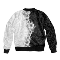 Hawaii Hibiscus Flowers Sleeve Zip Bomber Jacket Grayscale Polynesian Pattern
