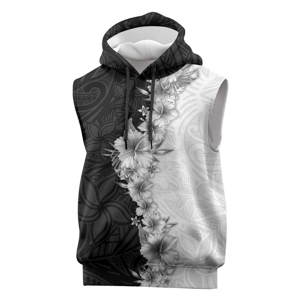 Hawaii Hibiscus Flowers Sleeveless Hoodie Grayscale Polynesian Pattern